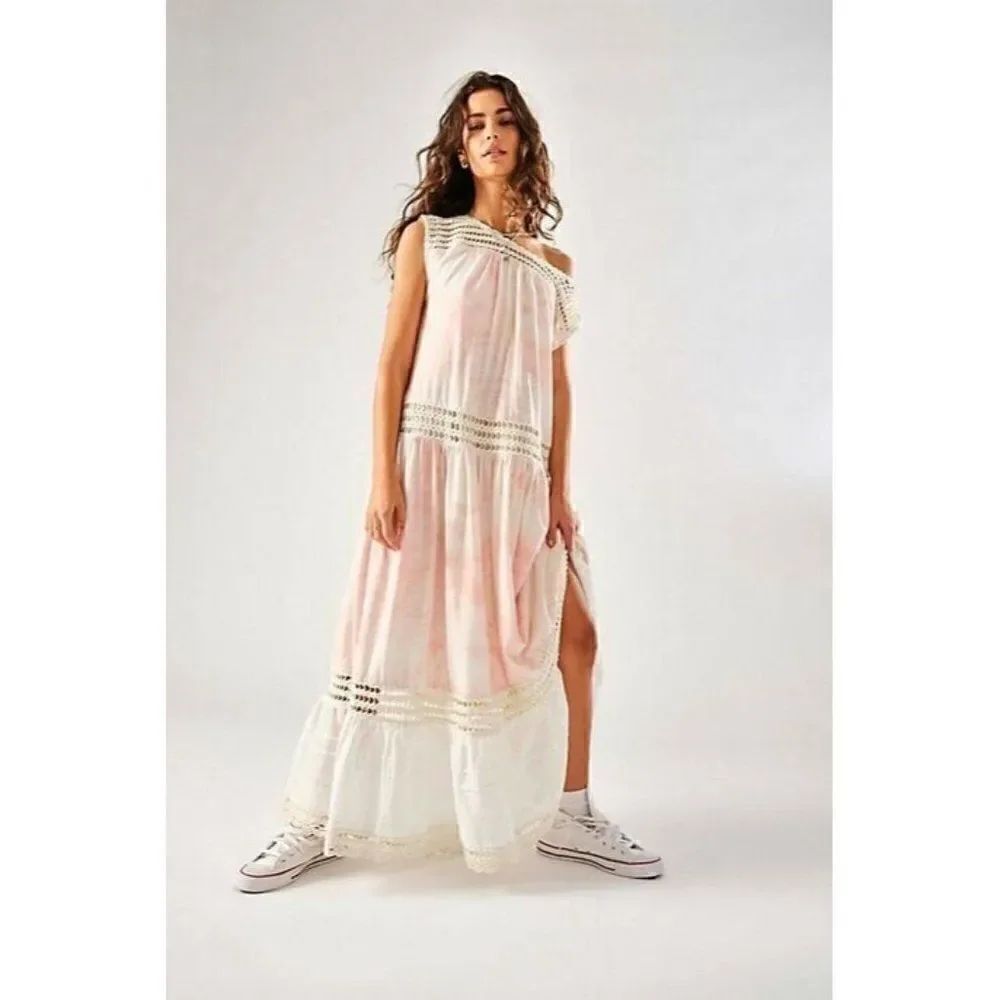 NEW FREE PEOPLE WASHED DAYDREAMING MAXI DRESS CROCHET TIE DYE PRIMROSE PINK